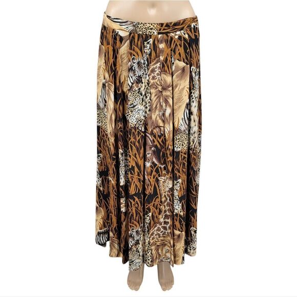 Regina Porter Vintage Silke Animal Print Safari Maxi Skirt Pleated Women's M - Picture 1 of 15
